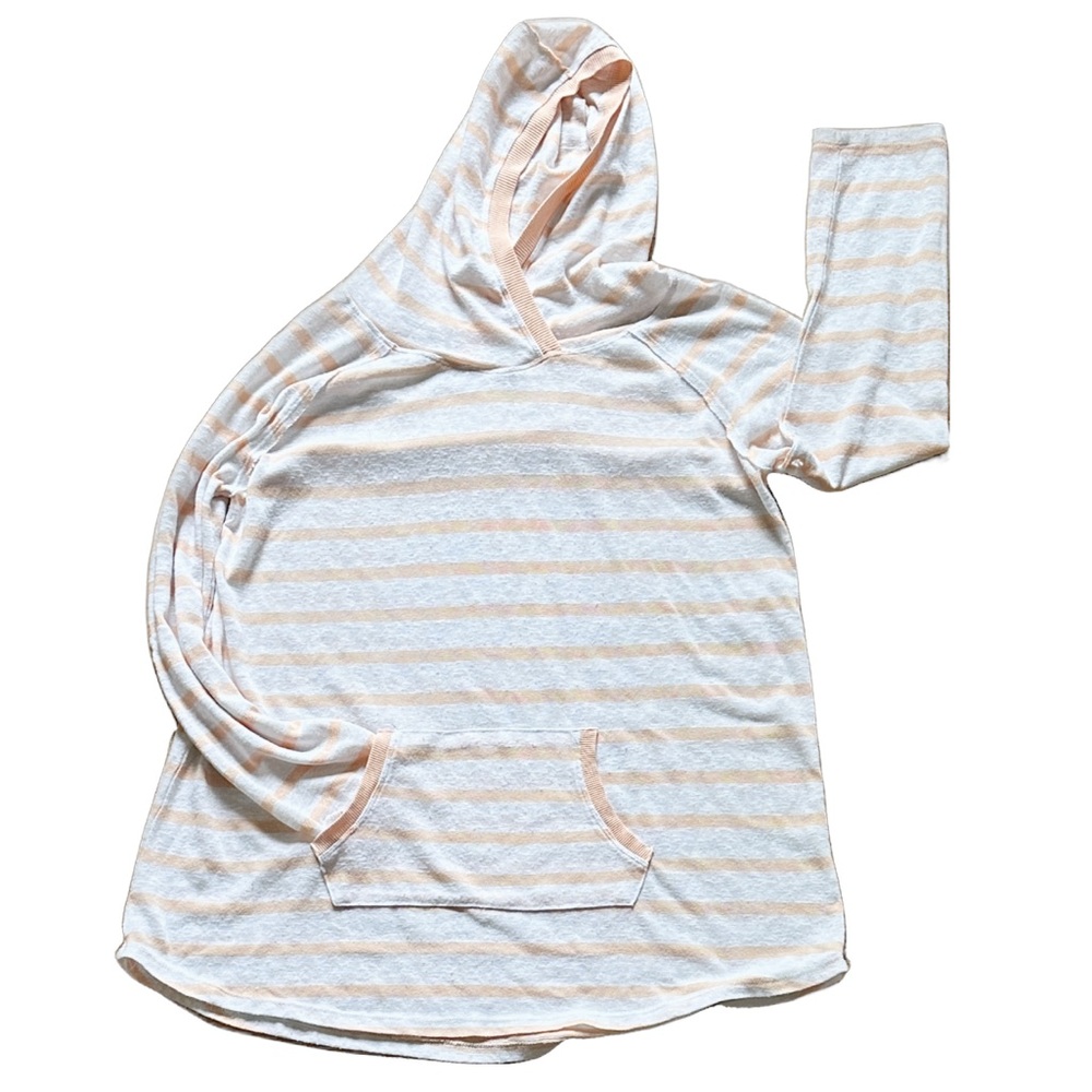 Beachy Coastal Relaxed Chic EUC Peach & White Striped Organic Cotton Hoodie ~ XL